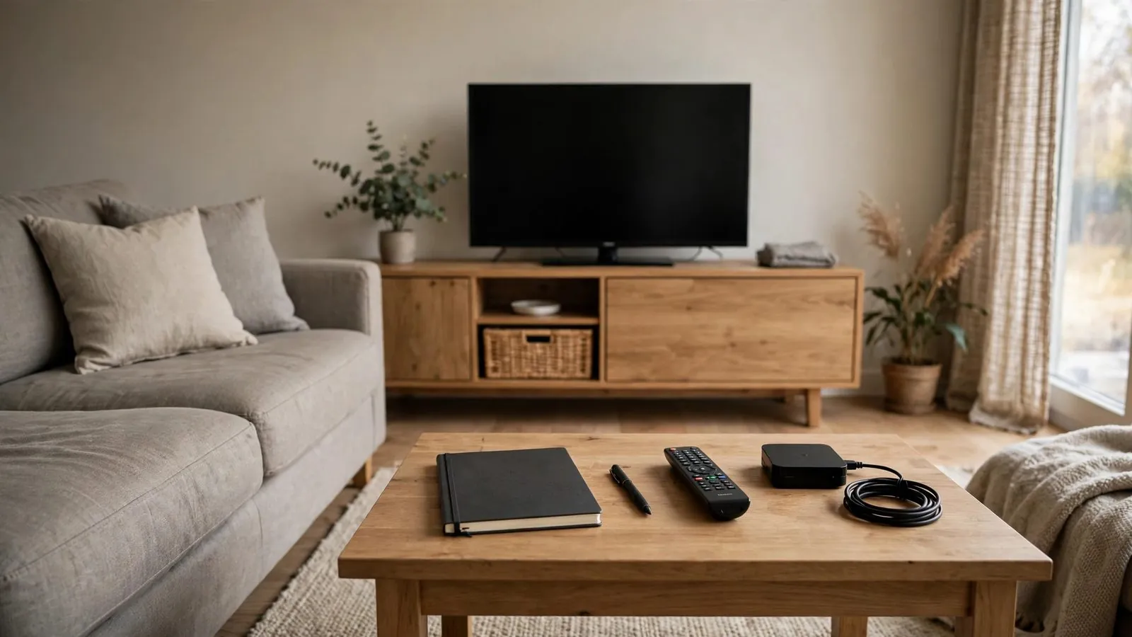 Aufgeräumter Wohnbereich mit einem Sofa vor einem ausgeschalteten Fernsehbildschirm.