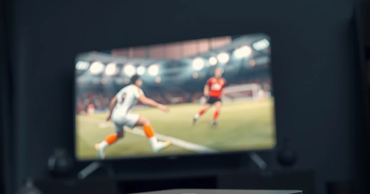 Dunkles Wohnzimmer bei Nacht mit einer beleuchteten Android TV Box im Vordergrund und einem Fernseher im Hintergrund, der ein Fußballspiel zeigt