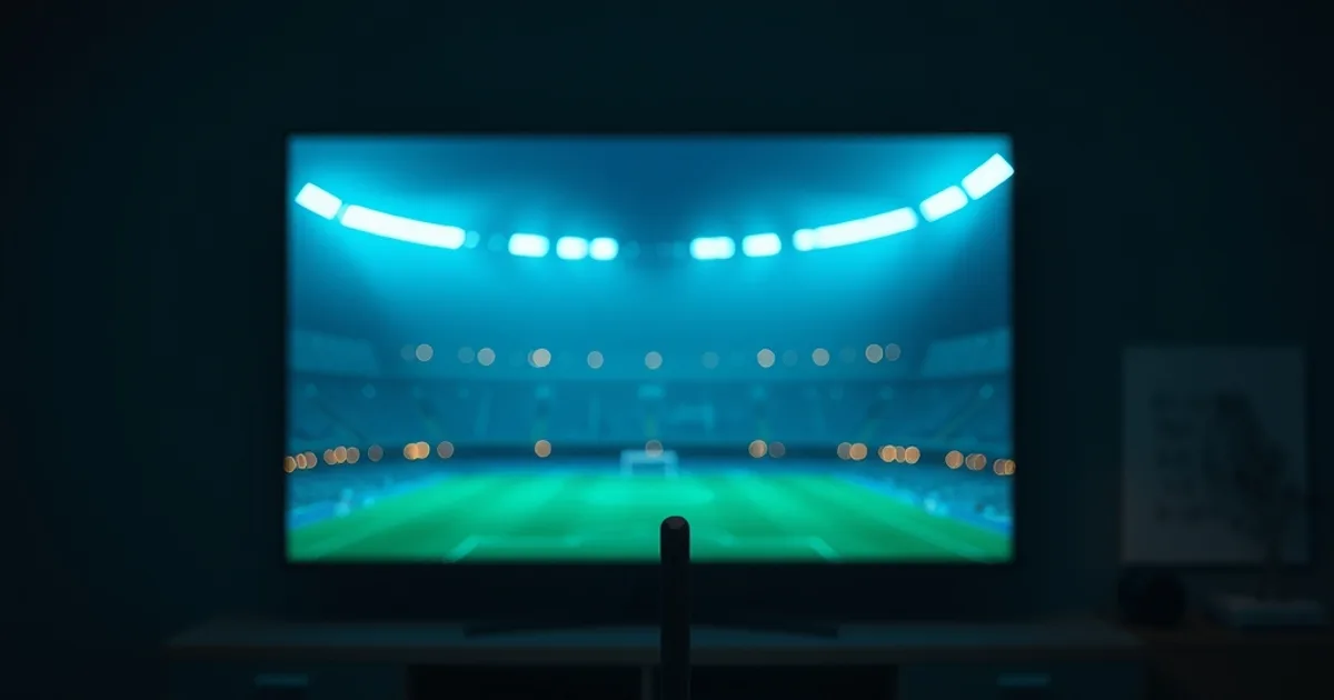 Dunkles Wohnzimmer bei Nacht mit einem 4K-Fernseher, der den Schein von Flutlicht und Rasen zeigt, im Vordergrund ein WLAN-Router