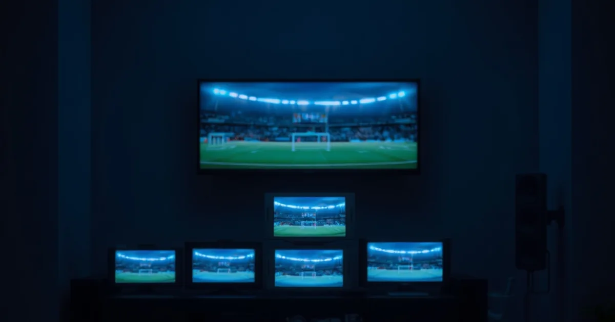 Dunkles Wohnzimmer bei Nacht, ein hell leuchtender Fernseher zeigt ein Fußballspiel, daneben mehrere gedimmte Bildschirme als Sinnbild für zusätzliche Streaming-Optionen