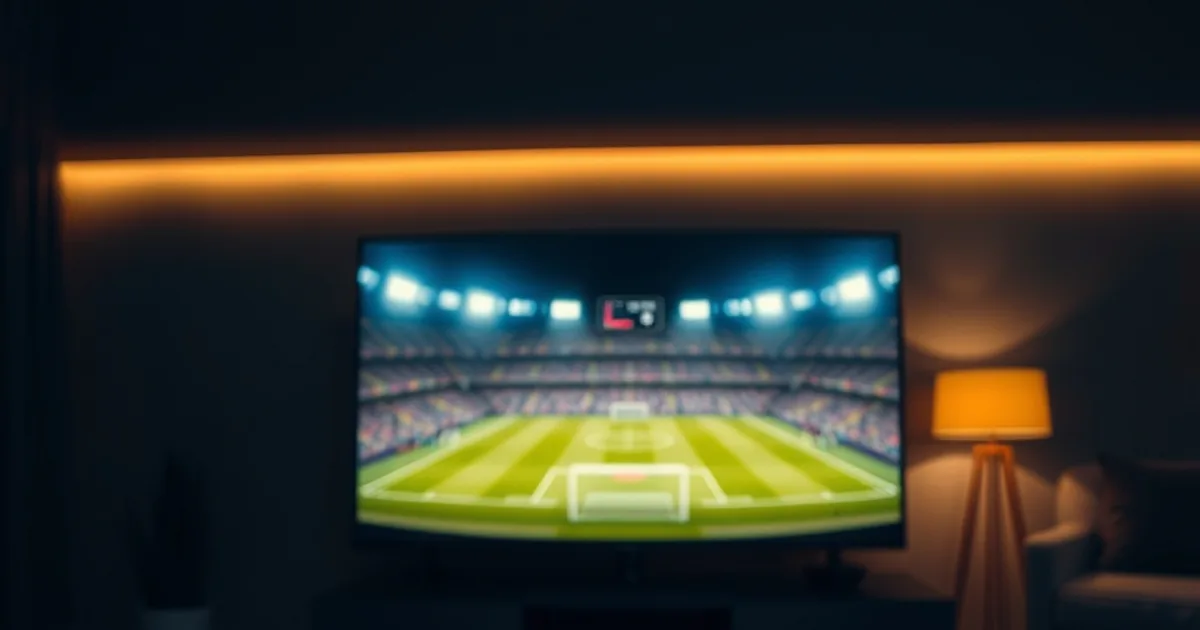Dunkles Wohnzimmer am Abend, beleuchtet vom Fernseher, auf dem ein Fußballfeld zu sehen ist, Fernbedienung im Vordergrund