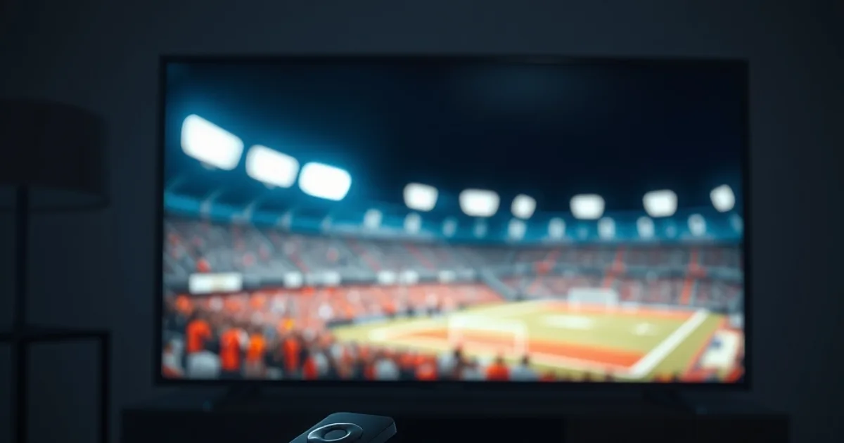 Dunkles Wohnzimmer bei Nacht mit leuchtendem Fernseher, stimmungsvollem Stadionlicht im Hintergrund und zwei Fernbedienungen auf einem Tisch vor einer IPTV-Box