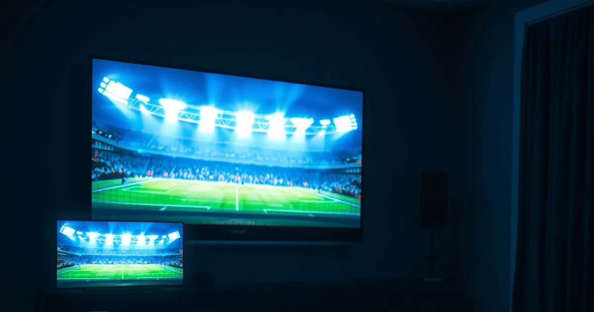 Dunkles Wohnzimmer mit drei parallel laufenden Bildschirmen, die je ein Champions-League-Spiel zeigen