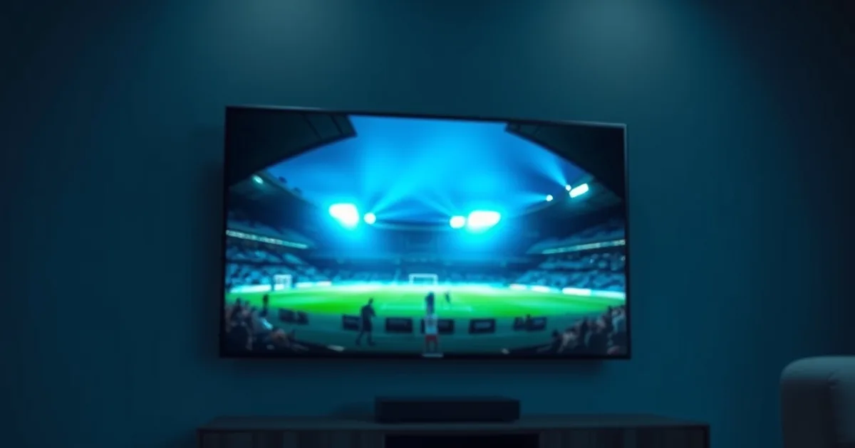Dunkles Wohnzimmer mit großem Fernseher, der ein Fußballstadion unter Flutlicht zeigt, Streaming-Box und Smartphone im Vordergrund