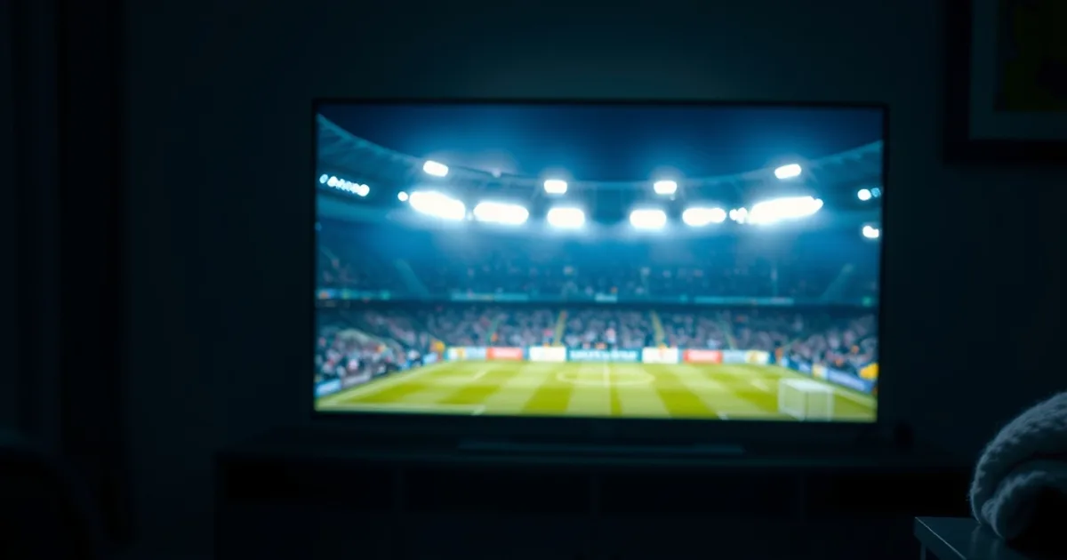 Dunkles Wohnzimmer bei Nacht, ein großer Fernseher zeigt ein Flutlicht-Pokalspiel im Stadion, im Vordergrund liegt unscharf eine Fernbedienung