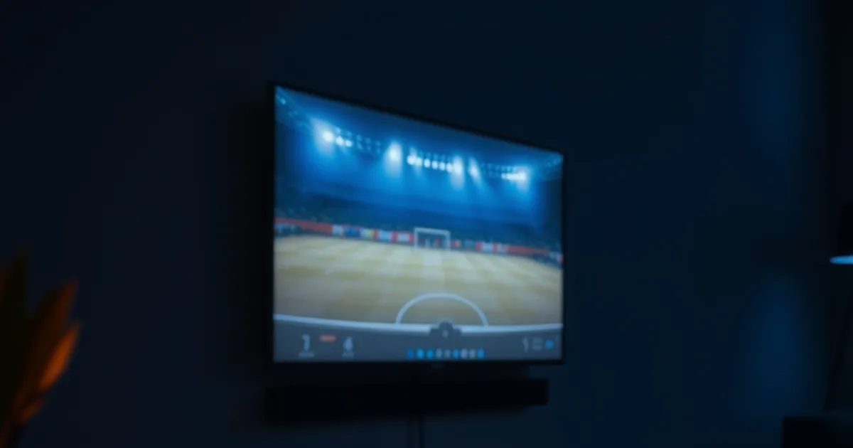Router mit leuchtenden Status-LEDs neben einem Ethernet-Kabel, das zu einem Fernseher mit Fußballfeld im Hintergrund führt, dunkle stimmungsvolle Wohnzimmer-Szene