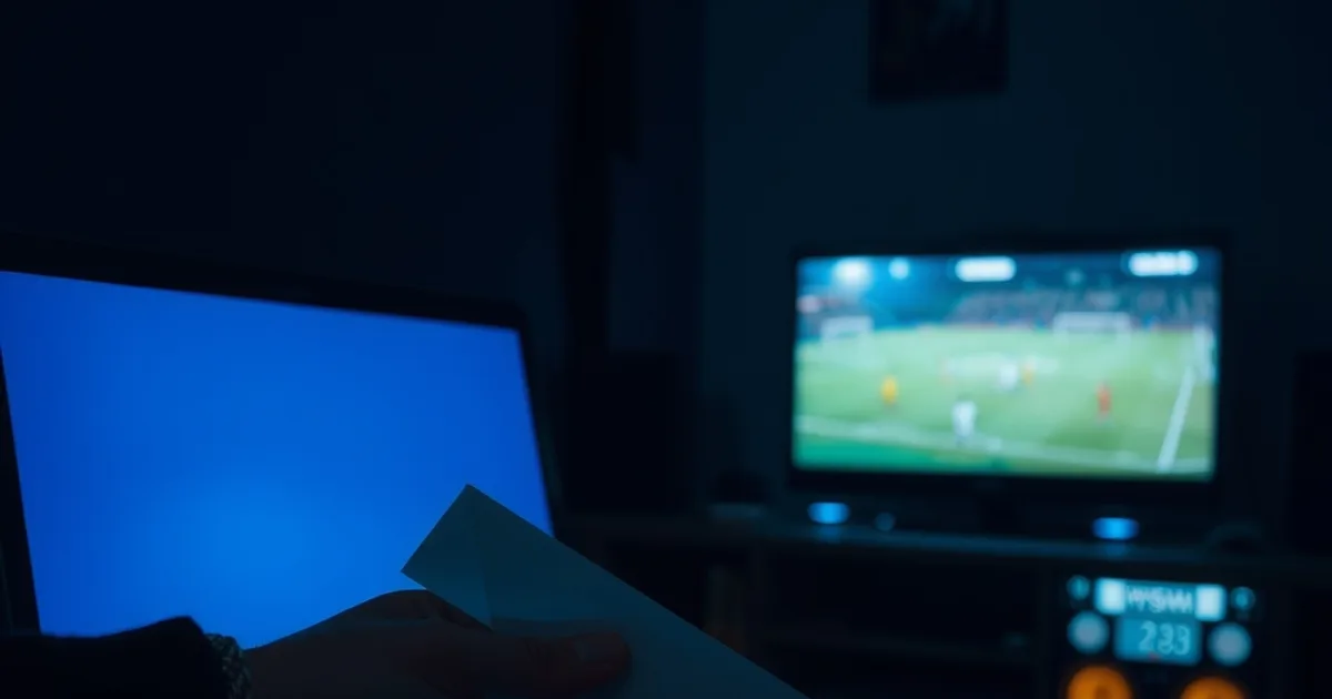 Dunkles Homeoffice bei Nacht, eine Hand hält zögernd einen geöffneten Brief vor einem leuchtenden Laptop-Bildschirm, im Hintergrund unscharf ein Fernseher mit Fußballübertragung