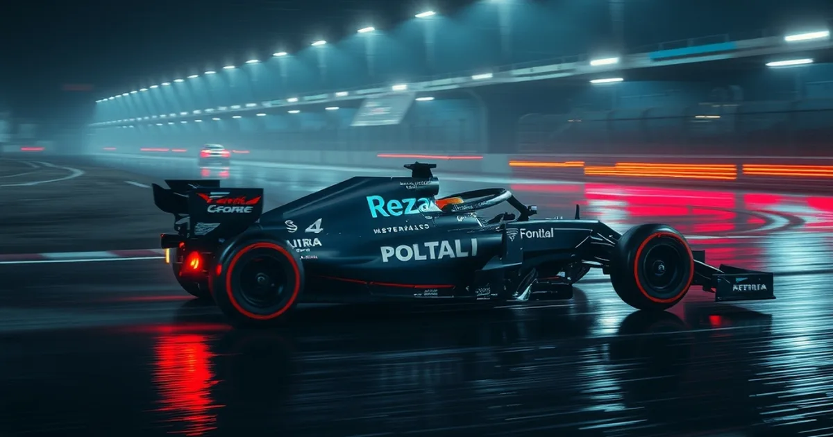 Ein Formel-1-Rennwagen rast bei Nacht über eine regennasse Strecke, mit dramatischen Lichtspuren im Dunkeln