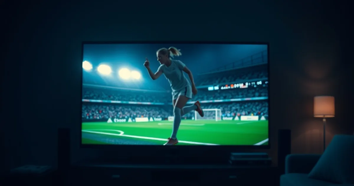 Dunkles Wohnzimmer mit einem Fernseher, auf dem ein Frauenfußball-Live-Spiel im Stadionlicht leuchtet