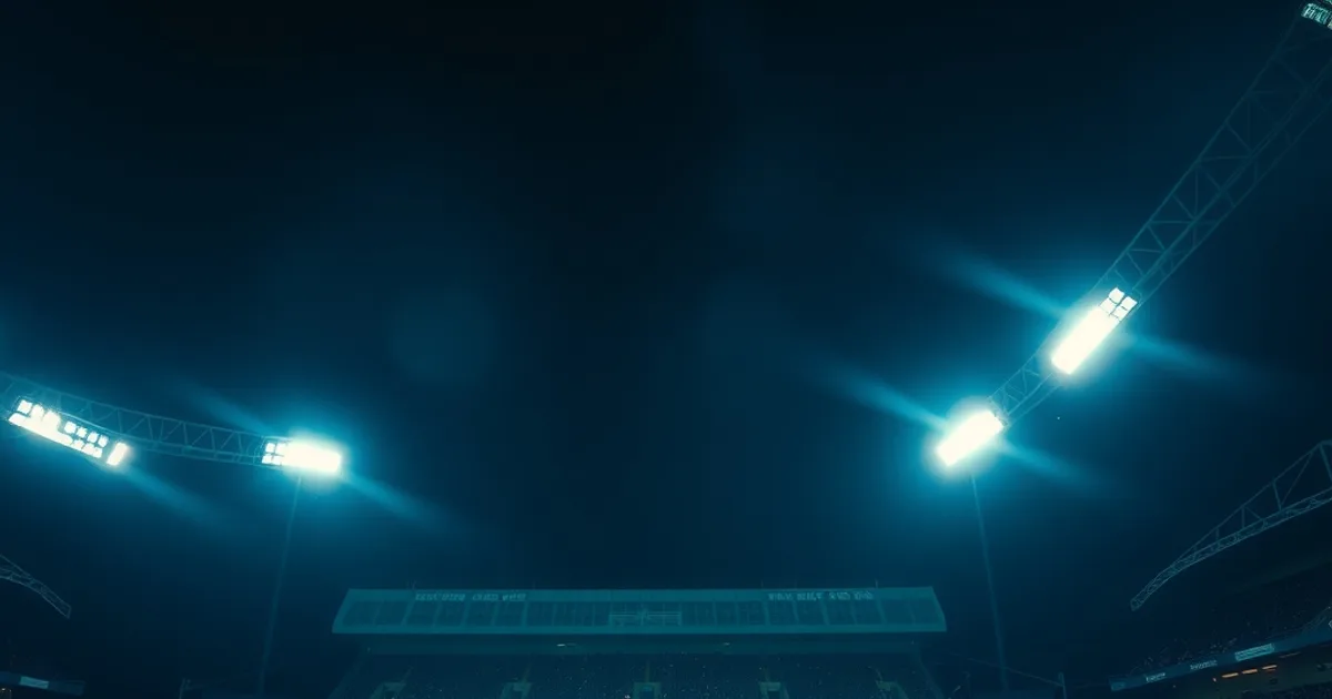 Flutlicht-Stadion bei einem Frauen-Bundesliga-Spiel in der Abenddämmerung, Spielerin im Sprint auf dem Rasen