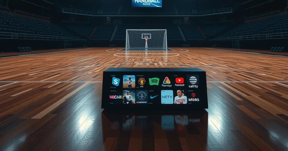 Leere Handball-Arena bei Nacht mit Flutlicht und beleuchteter Anzeigetafel, im Vordergrund unscharf ein dunkler Streaming-Gerätebildschirm