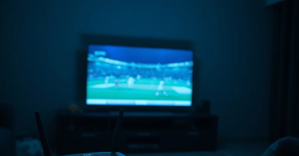 Dunkles Wohnzimmer bei Nacht mit einem TV-Bild, das mitten im Bundesliga-Anstoß einfriert, während Router und Smartphone im Vordergrund einen Speedtest anzeigen