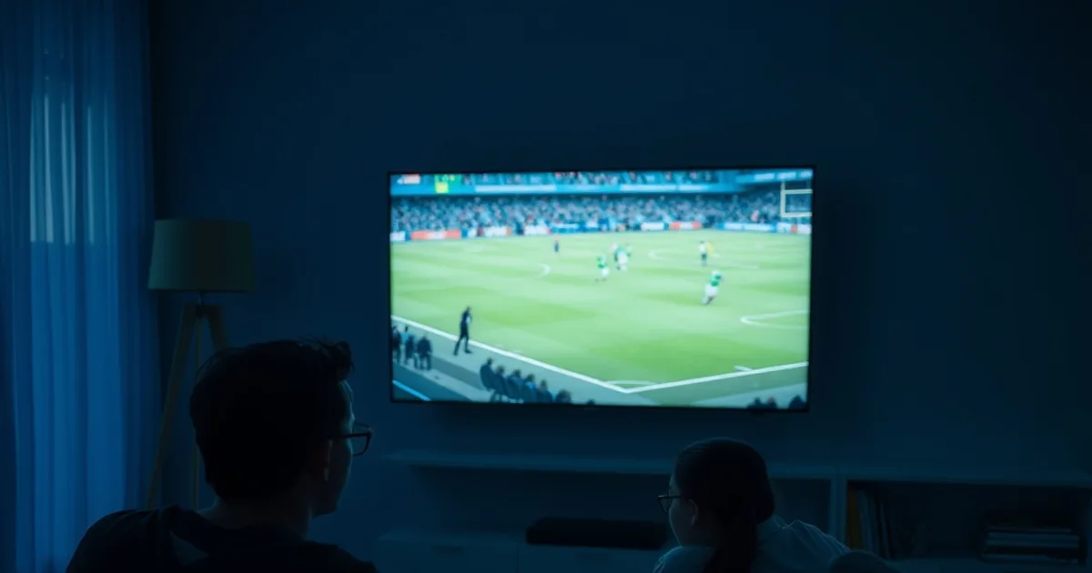 Dunkles Wohnzimmer am Abend mit leuchtendem Fernseher, Tablet und Smartphone, die gleichzeitig Streams zeigen