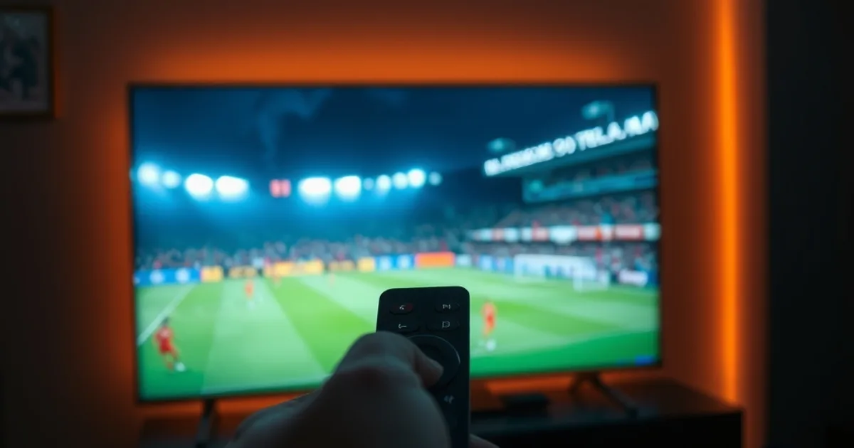 Eine Hand hält eine Fire-TV-Fernbedienung vor einem Fernseher, der im dunklen Wohnzimmer ein Live-Fußballspiel zeigt
