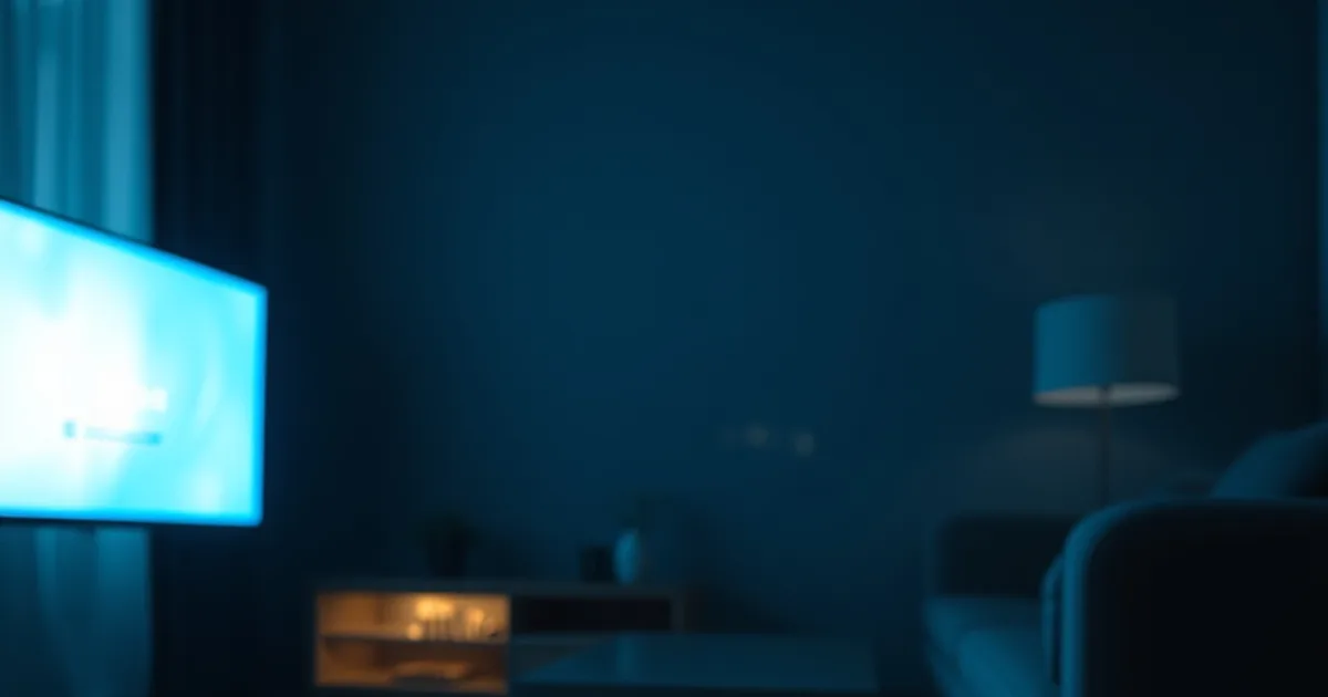 Dunkles Wohnzimmer bei Nacht, ein Fernseher mit eingefrorenem, puffendem Streaming-Bild, im Vordergrund ein Smartphone mit warnendem rotem Leuchten, symbolisch für die Risiken illegaler IPTV-Nutzung