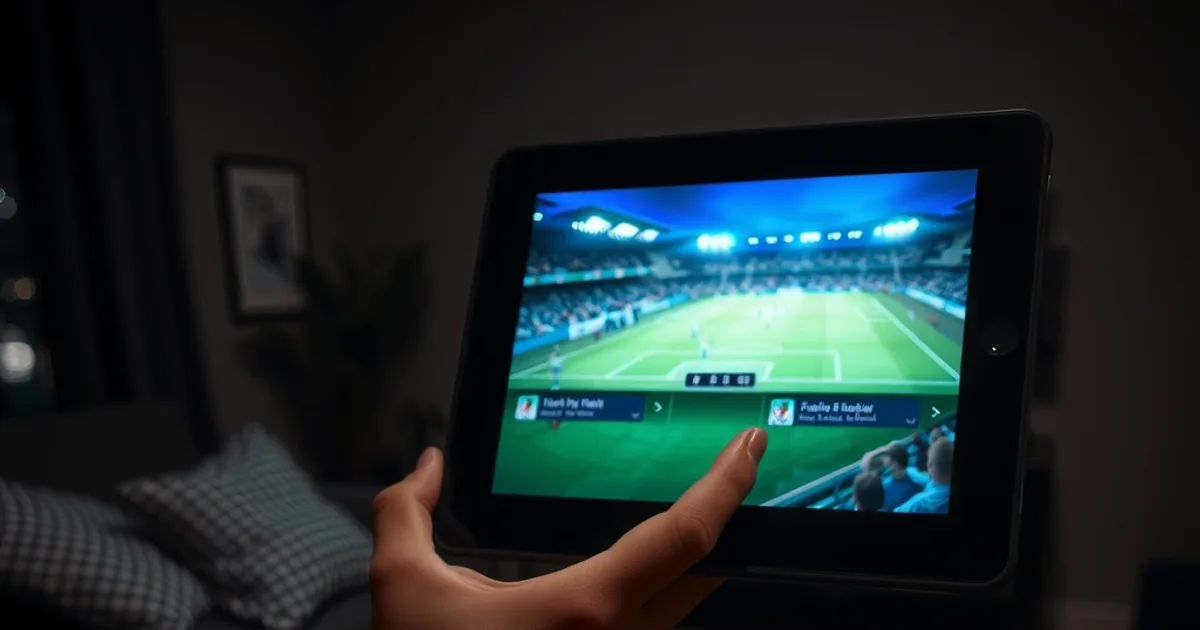Hand hält ein iPad mit laufendem Fußball-Livestream in einem abgedunkelten Raum, im Hintergrund unscharf ein iPhone auf einem dunklen Tisch