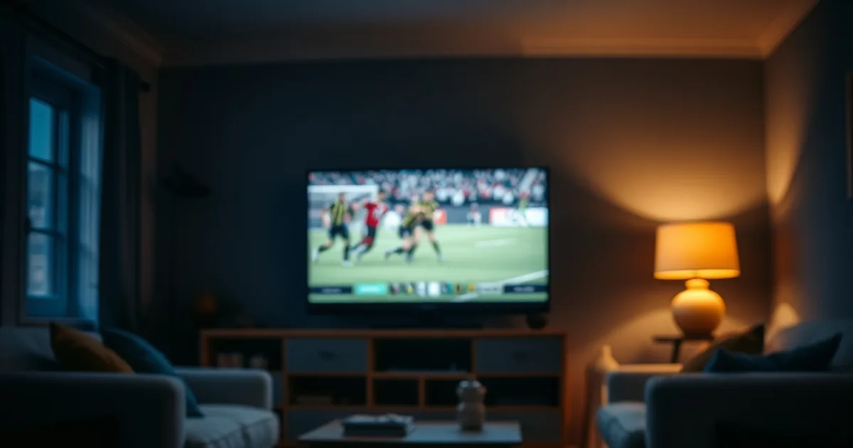 Dunkles Wohnzimmer bei Nacht, im Hintergrund ein Fernseher mit Fußballspiel, im Vordergrund ein Kalenderblatt und Münzen als Symbol für die Kostenplanung eines IPTV-Abos