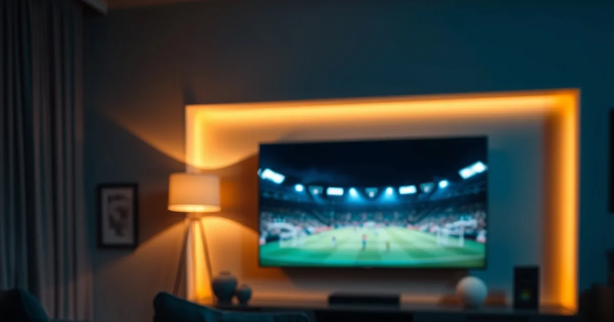 Dunkles, stimmungsvolles Wohnzimmer bei Nacht mit einem beleuchteten Smart TV an der Wand, der ein Fußballspiel zeigt, im Vordergrund eine Fernbedienung auf einem Sofa
