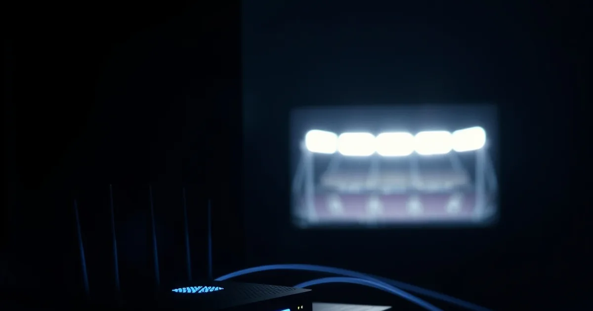 Ein Router leuchtet im Dunkeln, während Datenlicht-Spuren sich zu einem Engpass verengen und im Hintergrund ein Fernseher mit Stadionlicht schimmert