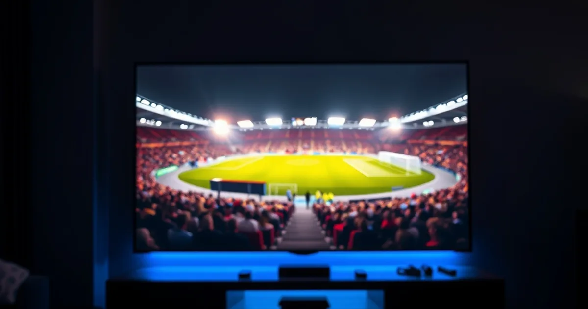 Dunkles, cineastisches Wohnzimmer bei Nacht mit großem 4K-Fernseher, der ein beleuchtetes Fußballstadion zeigt, im Vordergrund eine Streaming-Fernbedienung
