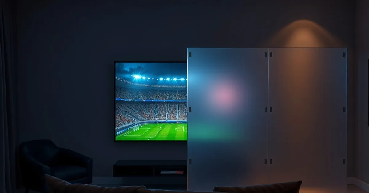 Dunkles, stimmungsvolles Wohnzimmer bei Nacht mit leuchtendem Fernseher, eine Raumhälfte hell und offen, die andere hinter einer schemenhaften Glasscheibe – Sinnbild für frei zugängliches und kostenpflichtiges Streaming.