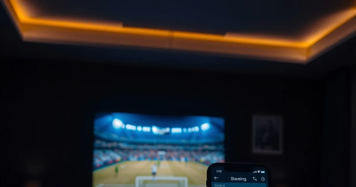 Dunkles Wohnzimmer bei Nacht mit Fernseher, der ein Fußballspiel zeigt, und einem Smartphone im Vordergrund mit einer zweiten Streaming-Oberfläche