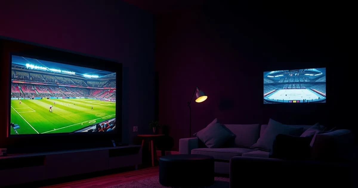 Dunkles Wohnzimmer bei Nacht, beleuchtet vom Schein eines großen Fernsehers mit Fußballstadion, im Hintergrund schwach erkennbare Formel-1- und Eishockey-Szenen, magentafarbenes Umgebungslicht