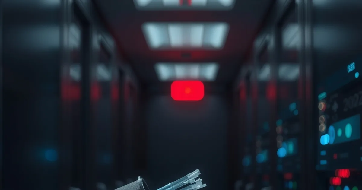 Ein Glasfaserkabel wird von einer dunklen Klemme eingeengt, blaues Licht schimmert durch die Verengung, im Hintergrund ein unscharfer Serverraum mit roten und blauen Lichtpunkten