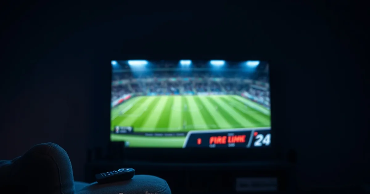 Dunkles Wohnzimmer mit Fernseher, Tablet und Smartphone, die gleichzeitig ein Fußballspiel zeigen, im Hintergrund eine Fernbedienung