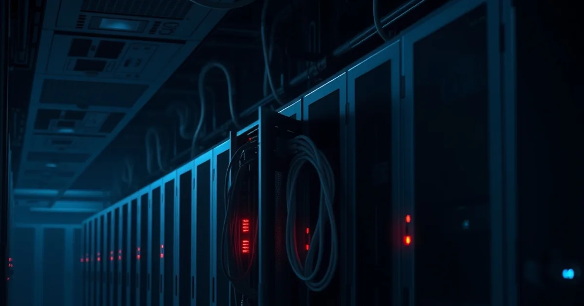 Dunkler Serverraum mit Racks, von denen eines aufgebrochen und mit losen Kabeln dargestellt ist, sinnbildlich für beschlagnahmte Streaming-Infrastruktur