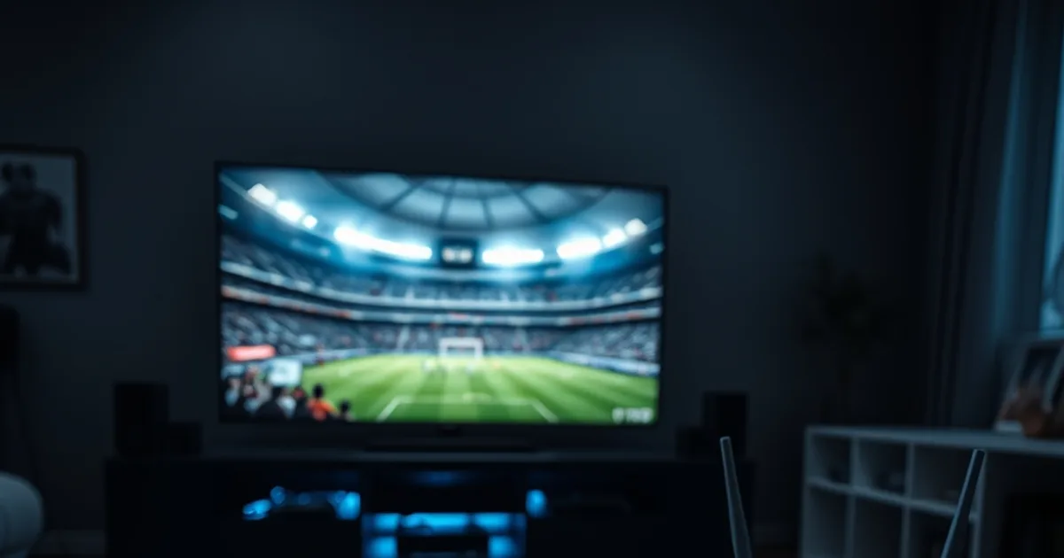 Dunkles Wohnzimmer mit großem 4K-Fernseher, der ein Fußballstadion zeigt, Fernbedienung und Smartphone im Vordergrund, Router mit blauem Licht im Hintergrund