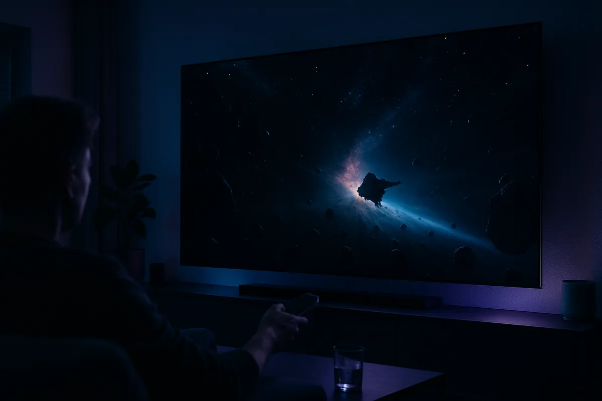 Nahaufnahme eines grossen 8K-Fernsehers mit extrem scharfem, kontrastreichem Bild in einem dunklen Raum bei Nacht
