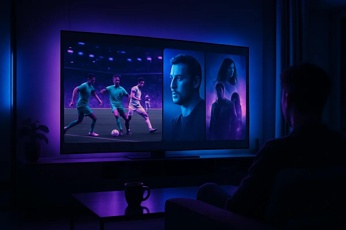 Grosser 8K-Fernseher zeigt Live-TV, ein Fussballspiel und Filmcover nebeneinander, violett-cyanfarbenes Neon-Licht