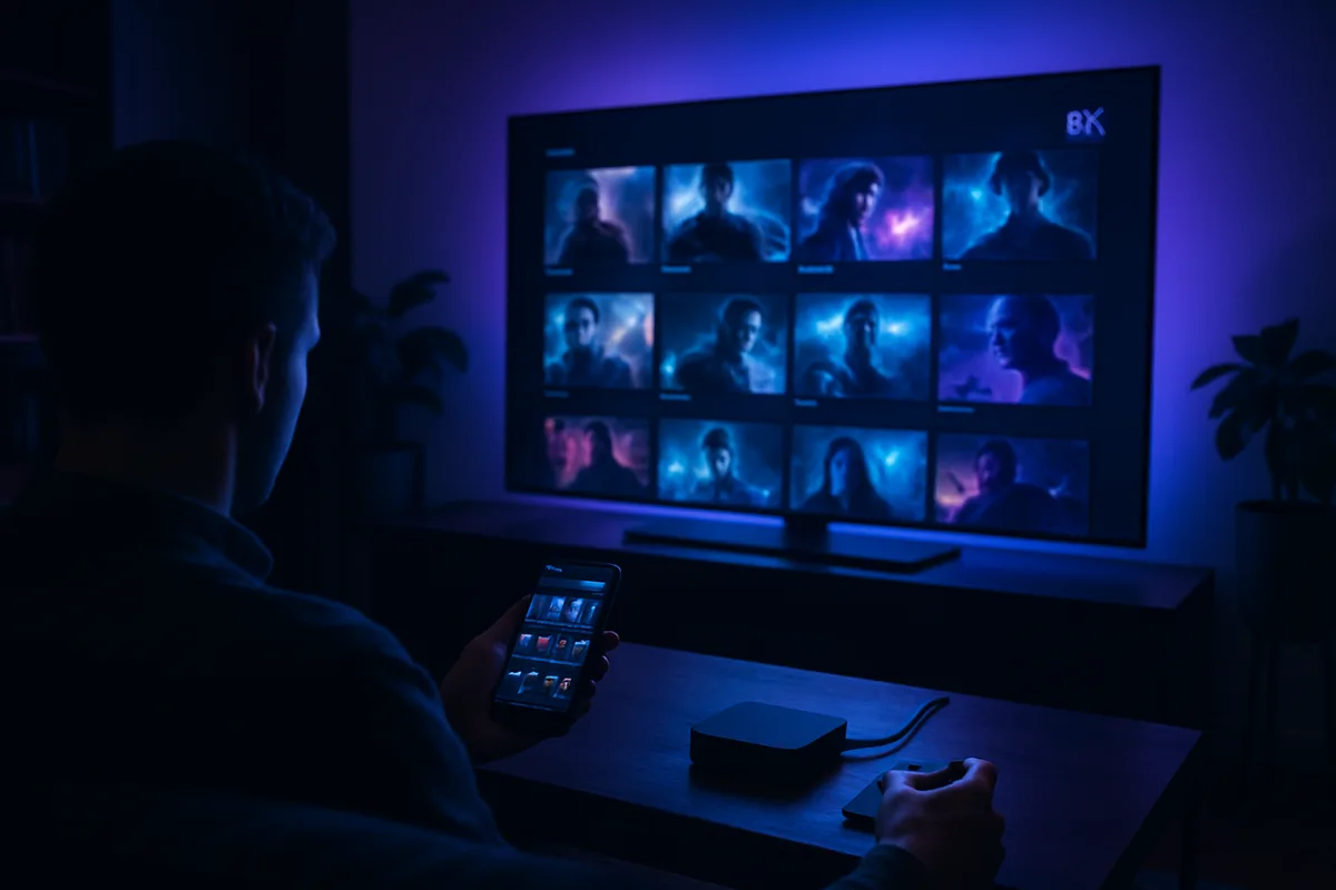 IPTV-Box und Smartphone zeigen dasselbe Angebot neben einem grossen 8K-Fernseher in einem dunklen Wohnzimmer